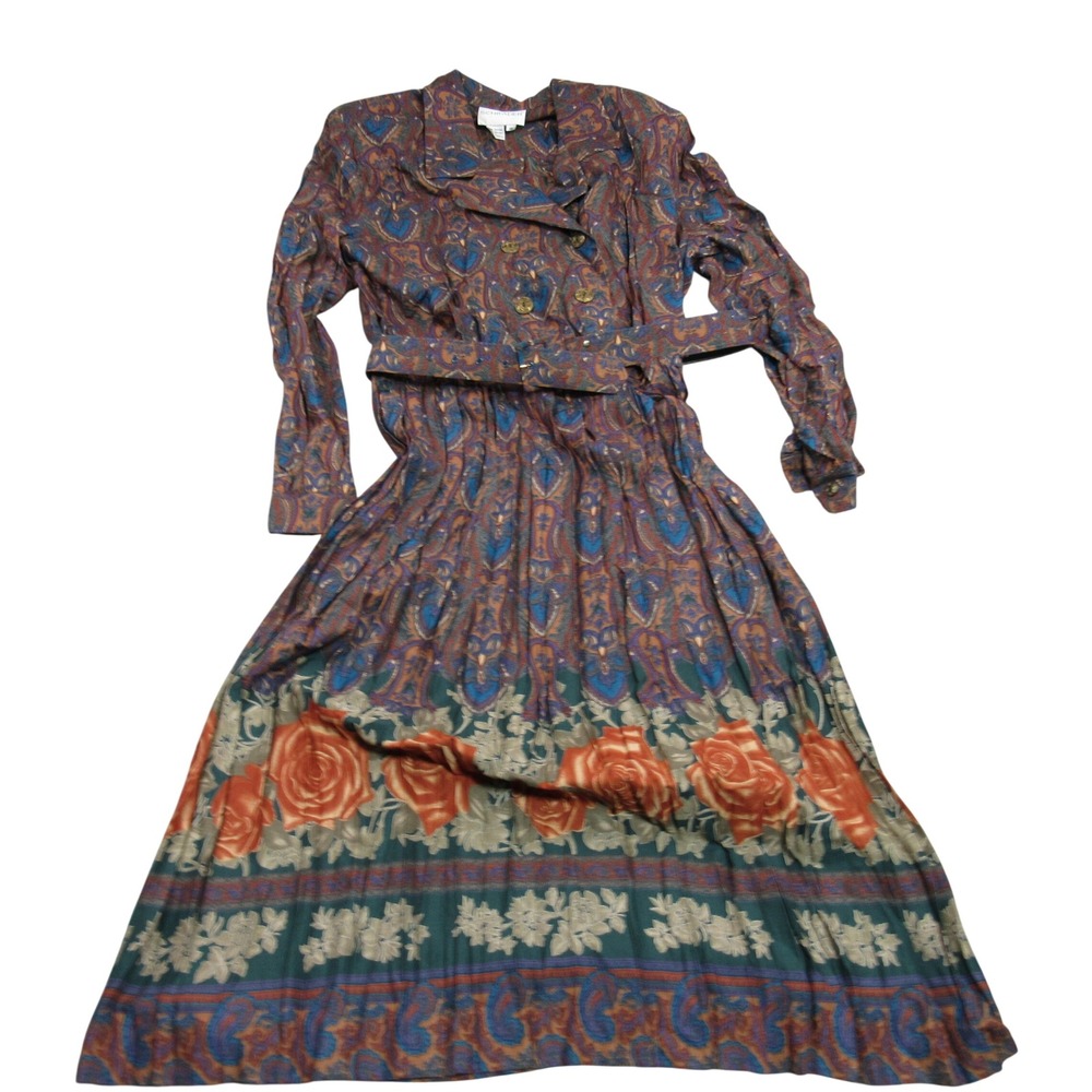 Vintage Schrader Paisley Floral Midi Dress Long Sleeve Belted Rayon Womens 12